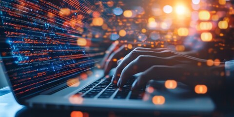 hands coding on a laptop, bright lines of code reflecting on the screen, symbolizing intricate and creative software development in progress.