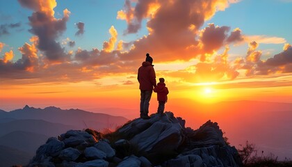 Father and Son Embrace the Beauty of a Mountain Sunset, Celebrating Their Special Bond and Joyful Moments Together