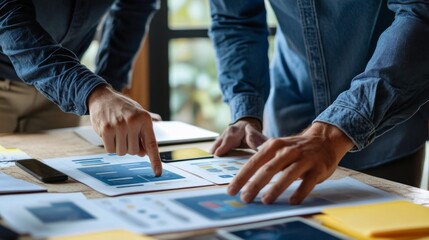 UX developer and ui designer brainstorming about mobile app interface wireframe design with customer breif and color code, User experience concept. 