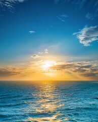 Image of sky blue and light-yellow texture of an ocean sunset seascape created with Generative AI