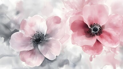 Sticker - Elegant wallpaper with watercolor flowers in soft pastel hues and flowing ink art