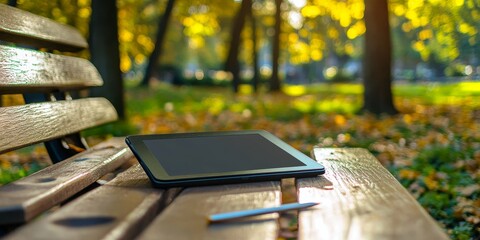 a digital tablet and stylus on a park bench, with the urban environment providing a tranquil workspace