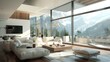 © improvee design - Bright airy living room with large window for enjoying mountain vista relaxing interior natural landscape view integration concept.