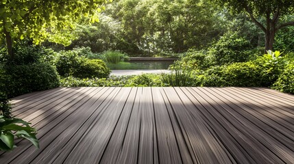 Canvas Print - Wooden floor overlooking a lush green garden with pond.