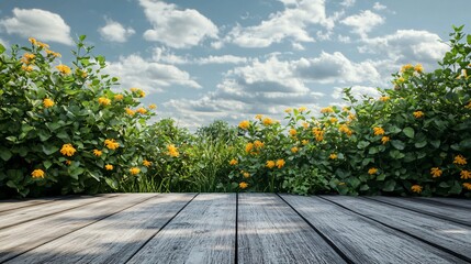 Wooden floor with a background of yellow flowers and a blue sky with clouds.