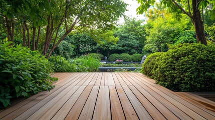 Wall Mural - Wooden path leads to a pond in a lush green garden.