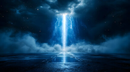 Poster - Night Sky with Lightning Strike and Foggy Ground