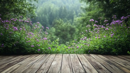 Wall Mural - Wooden planks with lush green foliage and purple flowers with a misty forest in the background.