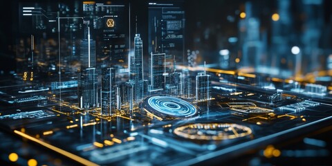 Wall Mural - A futuristic interface for managing smart infrastructure, showcasing interactive city layouts, real-time data streams, and advanced tech controls.