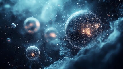 a blue sphere forms an abstract network, particles glowing and connecting in the digital void.