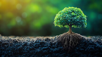 A small green tree grows with its roots in the soil, representing growth and resilience.