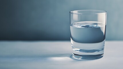 A clear glass of water sits on a surface, reflecting light and emphasizing its purity against a softly colored background.