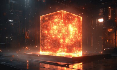 Wall Mural - Glowing cube in futuristic, dark room.