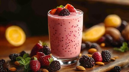 Wall Mural - Closeup of a glass of pink smoothie with fresh berries and almonds.