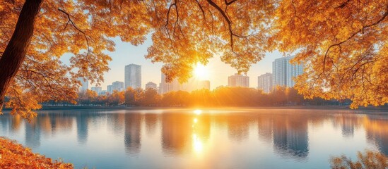 Sticker - Autumn foliage frames a cityscape reflecting in a calm lake at sunrise.