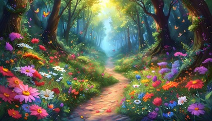 Wall Mural - Enchanting forest trail adorned with colorful flowers, majestic trees, and cheerful butterflies, celebrating natures beauty, wonder, and serenity.