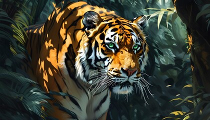 Wall Mural - Powerful tiger with piercing green eyes prowls through lush jungle, embodying grace and wild beauty of nature in its most majestic form