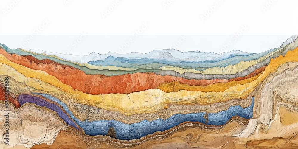 a geological cross-section, with stratigraphic layers and fault lines ...