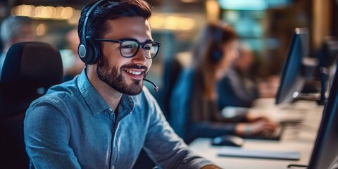 Fototapete - A dedicated customer support team assisting clients with queries using digital tools and personalized service in a modern office.