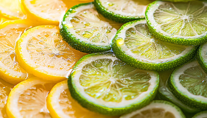 A close-up of vibrant lemon and lime slices arranged artfully, showcasing their freshness and color.