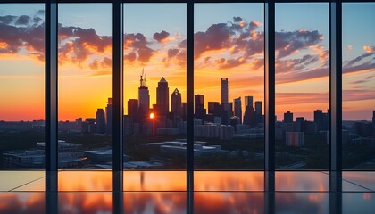 Panoramic city skyline at sunset through a large office window reflecting progress, opportunity, ambition, success, and innovation