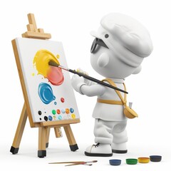 Cartoon 3D artist painting on a canvas with vibrant colors Isolated white background