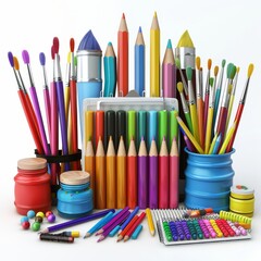 Cartoon 3D art supplies like pencils, brushes, and sketchbooks arranged neatly Isolated white background