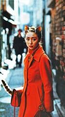 Fashionable woman in a vibrant red coat with playful cat ear headband and tail accessory, standing in a blurred urban street, elegant expression blending whimsy and sophistication, modern street style