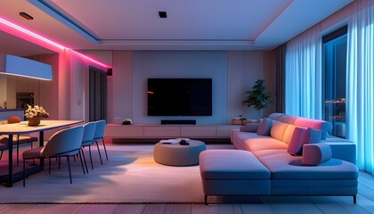 stylish modern living room with sectional sofa and dining table illuminated by vibrant blue and pink LED lights for a cozy and inviting atmosphere