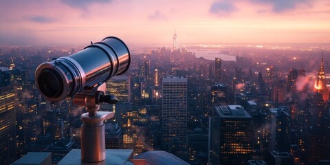 Wall Mural - Intricate details of a telescope on an observation deck, overlooking the expansive city skyline in the distance