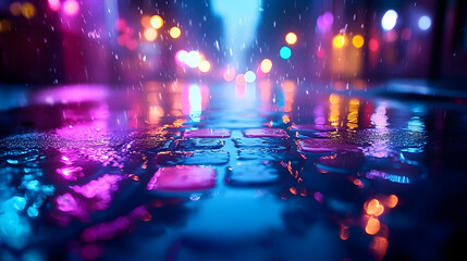 Poster - Rainy Night Cityscape: Neon Lights Reflecting in Puddles