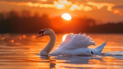 Canvas Print - Swan Swimming at Sunset