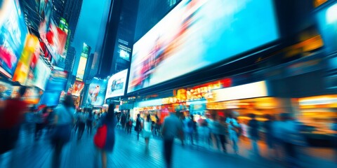 Wall Mural - a digital billboard displaying ads in a bustling metropolis, with blurred crowds moving below