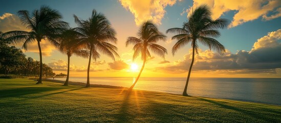 Wall Mural - Four palm trees stand tall on a grassy hill as the sun sets over the ocean creating a warm, golden glow in the sky.