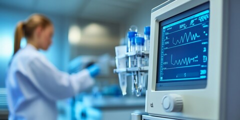 Wall Mural - a digital readout on a lab device, with a medical researcher adjusting settings in the background.