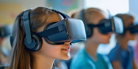 Aufkleber - A close-up features virtual reality goggles in a classroom, focusing on the tech and a curious expression, as a bright setting captures the immersive nature of educationa