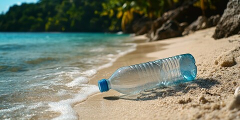 Wall Mural - a plastic bottle polluting a pristine beach, symbolizing the impact of pollution on natural environments.