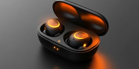 Wall Mural - Detailed view of wireless earbuds inside an open charging case, with glowing LED indicators and a smooth matte finish, focusing on portability and sound quality.