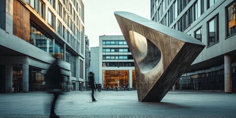 Wall Mural - an urban square with a towering sculpture, from the perspective of a passing pedestrian