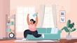 © Iona - A digital illustration of an overweight woman exercising enthusiastically in her living room with a fitness video on her TV, highlighting perseverance and health.