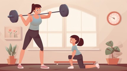 An illustration of a mother weightlifting at home while her child encouragingly watches, marking a fun and active family bonding moment.