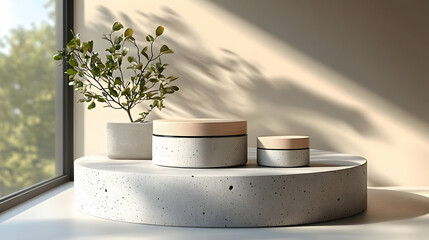 Canvas Print - Concrete & Wooden Display: Minimalist Design with Greenery