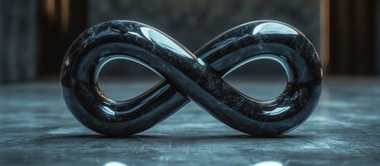 Poster - A black marble infinity symbol on a gray surface with a blurry background.