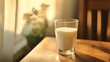 © LULU.Stock journey - Close up of a clear glass filled with fresh cold milk placed on a wooden table with soft morning sunlight streaming through a nearby window creating a warm and inviting atmosphere