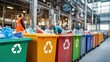 © kittikunfoto - Efficient waste management: colorful recycling bins at an industrial facility promote eco-friendly practices, ensuring proper sorting of plastic, metal, and paper for sustainable environmental impact.