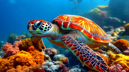 Poster - Sea Turtle Swimming Through Vibrant Coral Reef