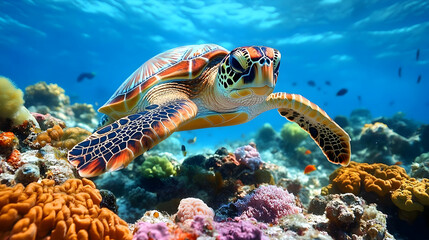 Poster - Sea Turtle Swimming in Coral Reef, Underwater Beauty