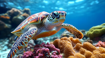 Poster - Sea Turtle Swimming Through Coral Reef