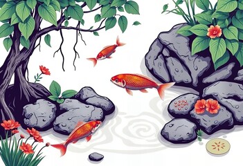 there are two fish swimming in the water near rocks and trees.