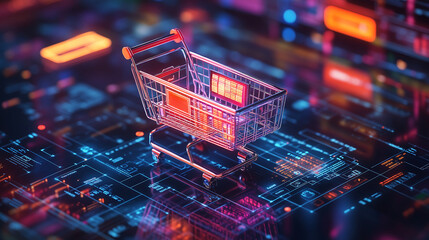 Futuristic digital shopping cart on a neon lit ecommerce interface